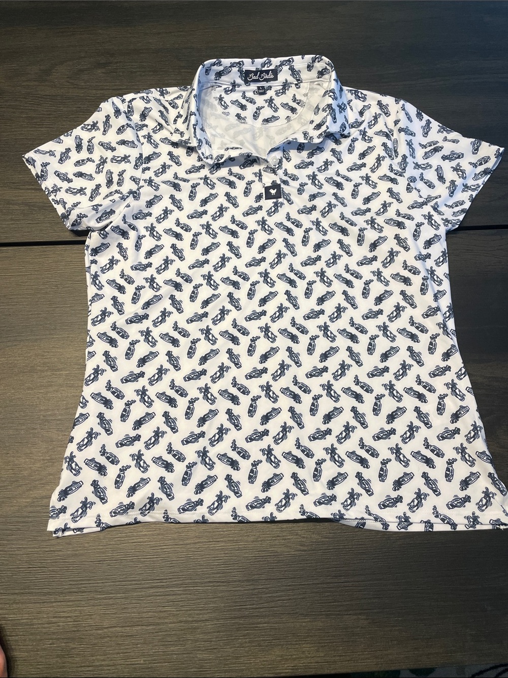 Bad Birdie White Polo with Navy Golf Bag Print
